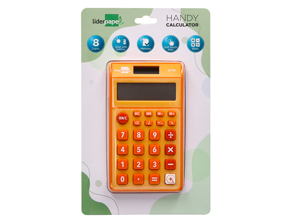 CALCULADORA LIDERPAPEL BOLSILLO XF10 8 DIGITOS SOLAR Y PILAS COLOR NARANJA 115X65X8 MM