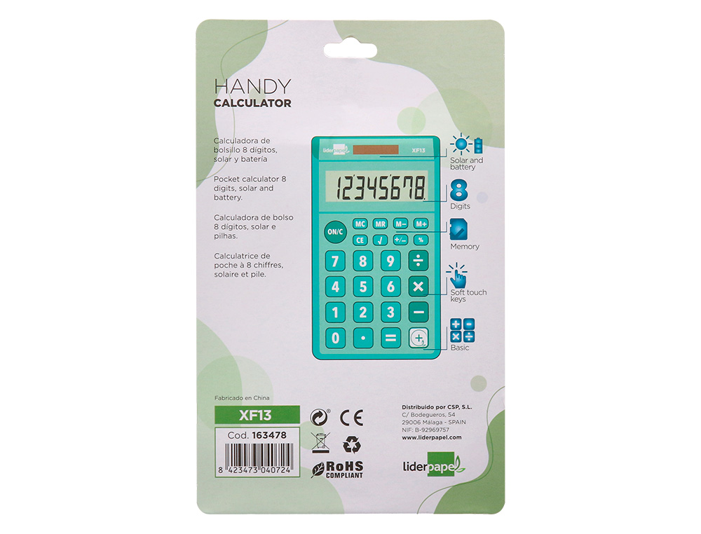 CALCULADORA LIDERPAPEL BOLSILLO XF13 8 DIGITOS SOLAR Y PILAS COLOR VERDE 115X65X8 MM
