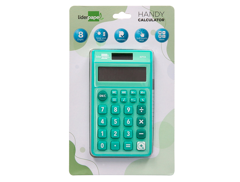 CALCULADORA LIDERPAPEL BOLSILLO XF13 8 DIGITOS SOLAR Y PILAS COLOR VERDE 115X65X8 MM