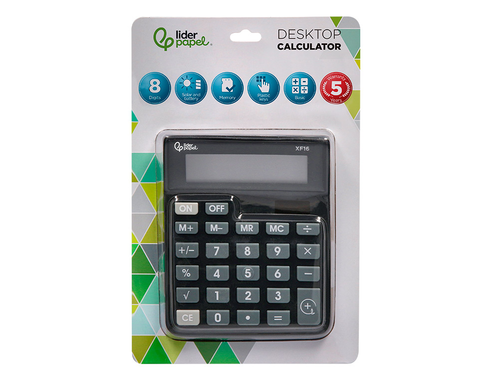 CALCULADORA LIDERPAPEL SOBREMESA XF16 8 DIGITOS SOLAR Y PILAS COLOR NEGRO 127X105X24 MM