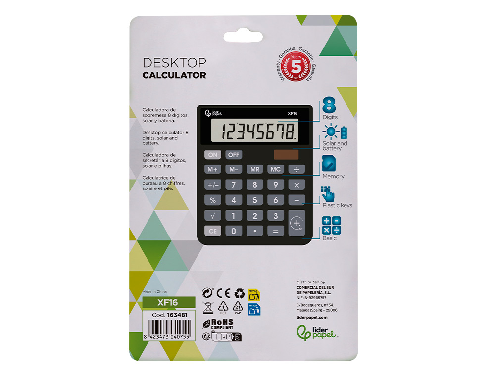 CALCULADORA LIDERPAPEL SOBREMESA XF16 8 DIGITOS SOLAR Y PILAS COLOR NEGRO 127X105X24 MM