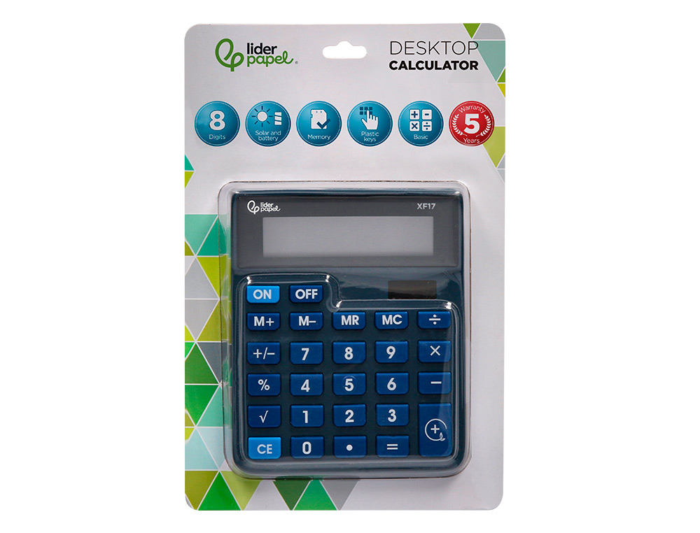 CALCULADORA LIDERPAPEL SOBREMESA XF17 8 DIGITOS SOLAR Y PILAS COLOR AZUL 127X105X24 MM