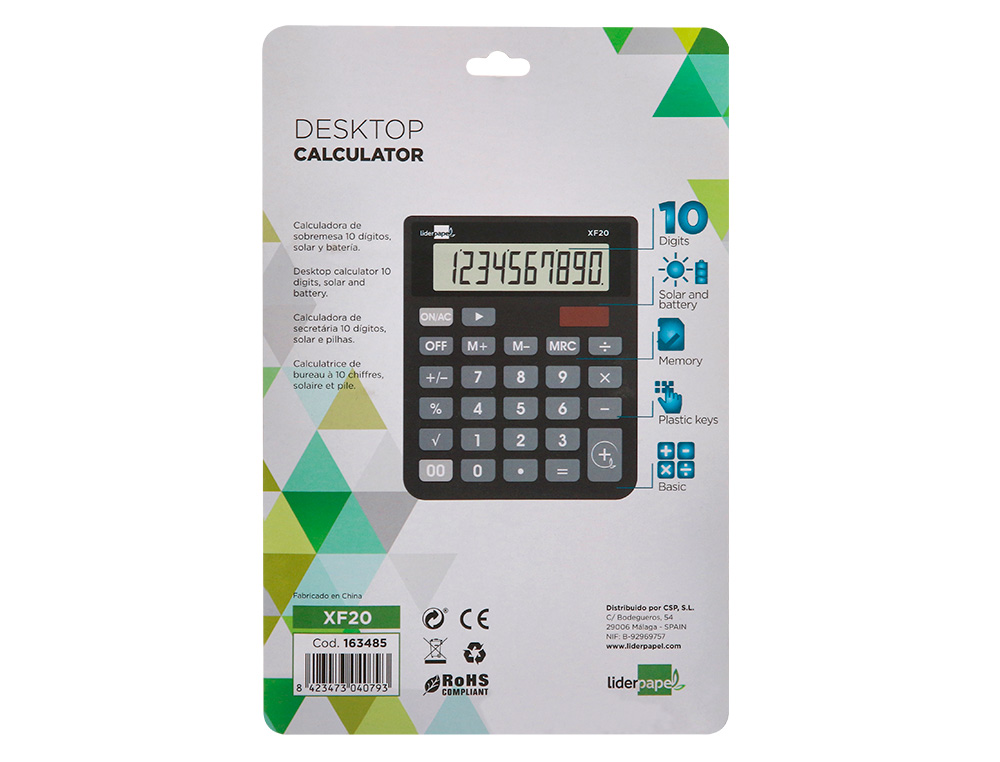 CALCULADORA LIDERPAPEL SOBREMESA XF20 10 DIGITOS SOLAR Y PILAS COLOR NEGRO 127X105X24 MM