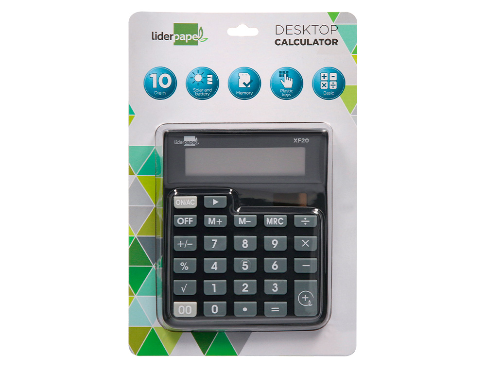 CALCULADORA LIDERPAPEL SOBREMESA XF20 10 DIGITOS SOLAR Y PILAS COLOR NEGRO 127X105X24 MM