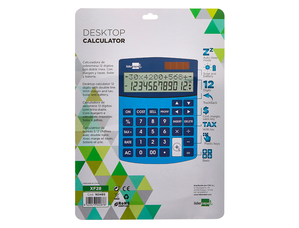 CALCULADORA LIDERPAPEL SOBREME SA XF28 12 DIGITOS DOS LINEAS COSTE VENTA MARGEN Y TASAS SOLAR Y PILAS AZUL 155X115X25 MM