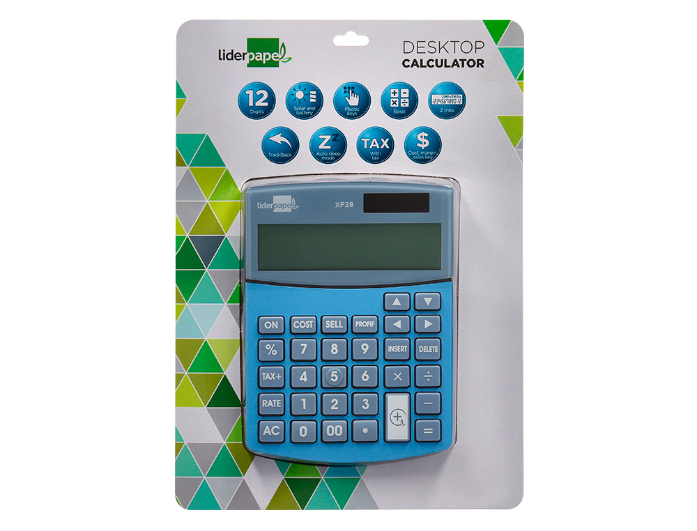 CALCULADORA LIDERPAPEL SOBREME SA XF28 12 DIGITOS DOS LINEAS COSTE VENTA MARGEN Y TASAS SOLAR Y PILAS AZUL 155X115X25 MM
