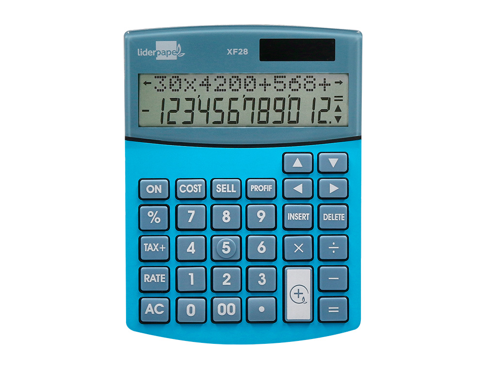 CALCULADORA LIDERPAPEL SOBREME SA XF28 12 DIGITOS DOS LINEAS COSTE VENTA MARGEN Y TASAS SOLAR Y PILAS AZUL 155X115X25 MM