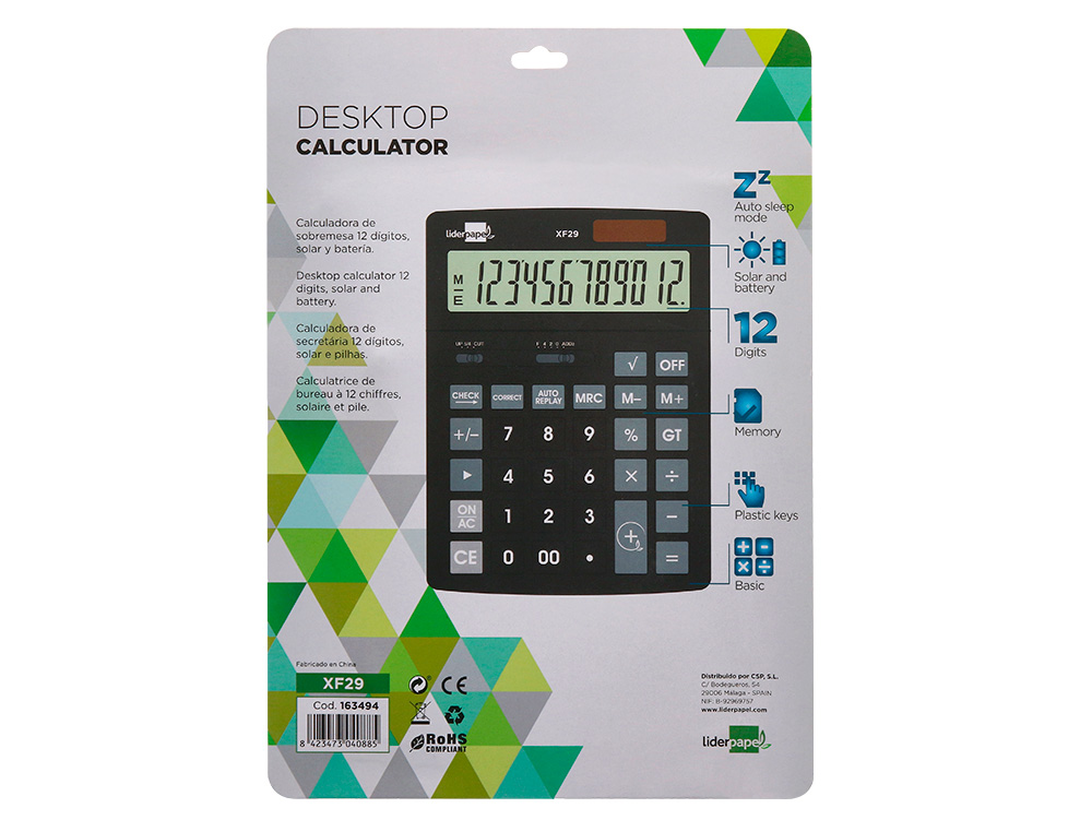 CALCULADORA LIDERPAPEL SOBREMESA XF29 12 DIGITOS SOLAR Y PILAS COLOR NEGRO 190X140X30 MM