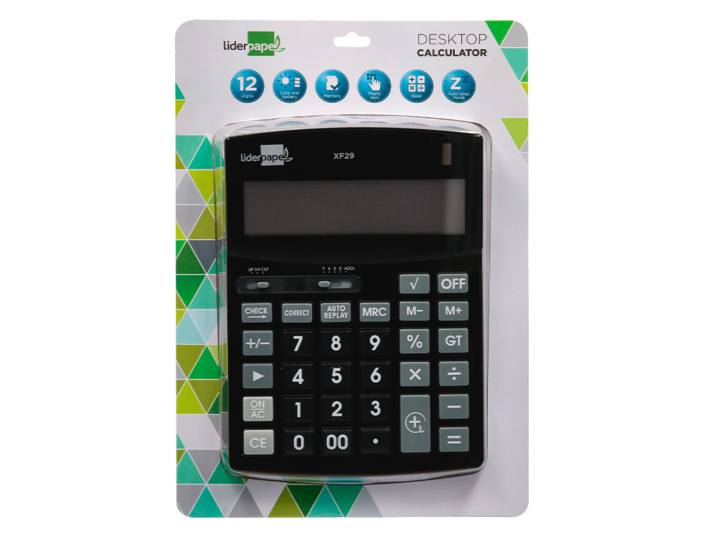 CALCULADORA LIDERPAPEL SOBREMESA XF29 12 DIGITOS SOLAR Y PILAS COLOR NEGRO 190X140X30 MM