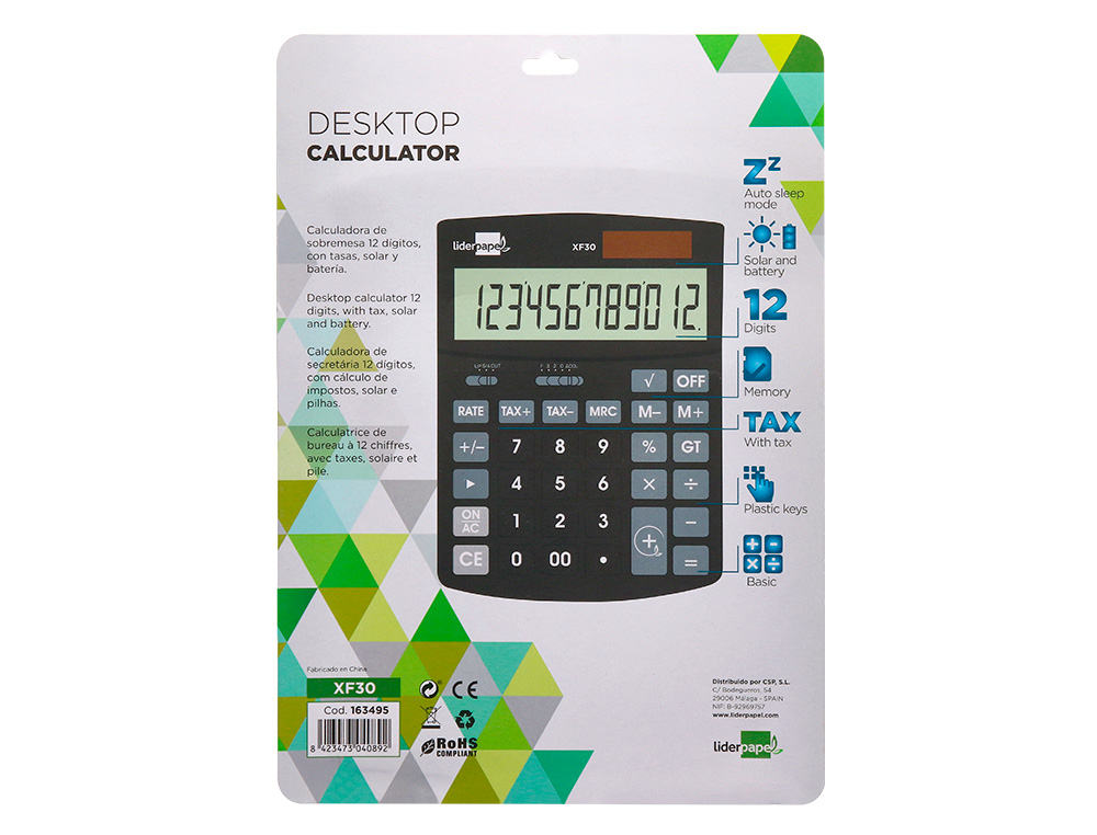 CALCULADORA LIDERPAPEL SOBREMESA XF30 12 DIGITOS TASAS SOLAR Y PILAS COLOR NEGRO 190X140X30 MM