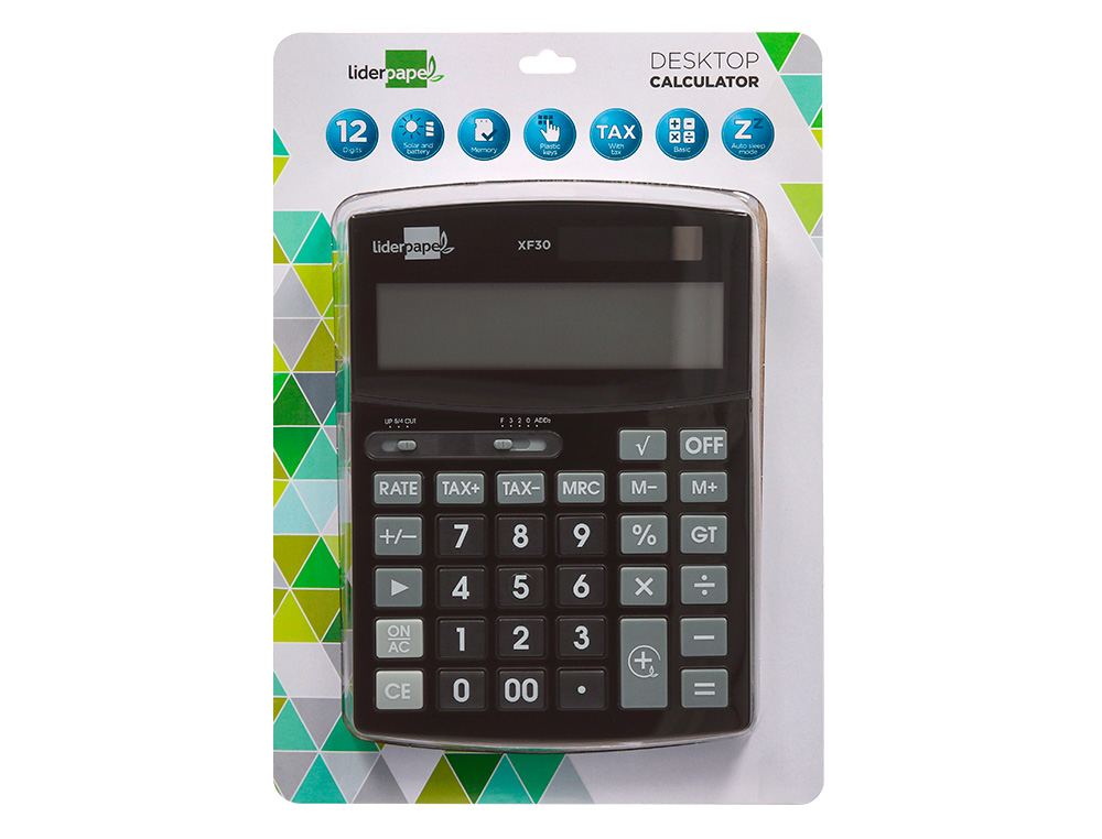 CALCULADORA LIDERPAPEL SOBREMESA XF30 12 DIGITOS TASAS SOLAR Y PILAS COLOR NEGRO 190X140X30 MM