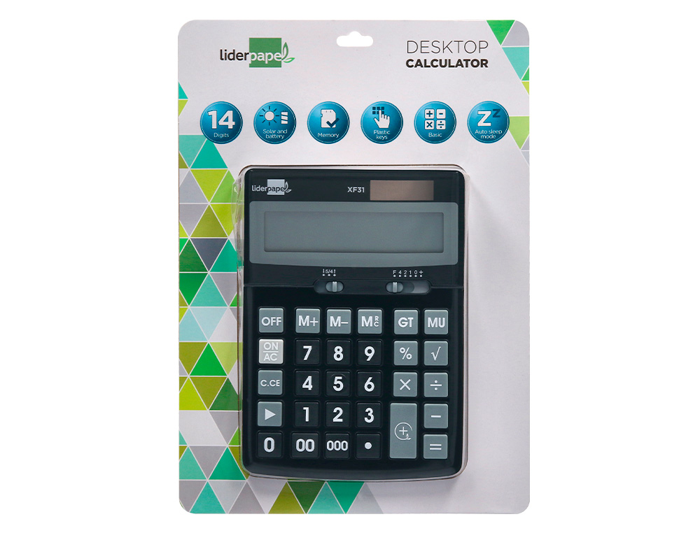 CALCULADORA LIDERPAPEL SOBREMESA XF31 14 DIGITOS SOLAR Y PILAS COLOR NEGRO 170X122X35 MM