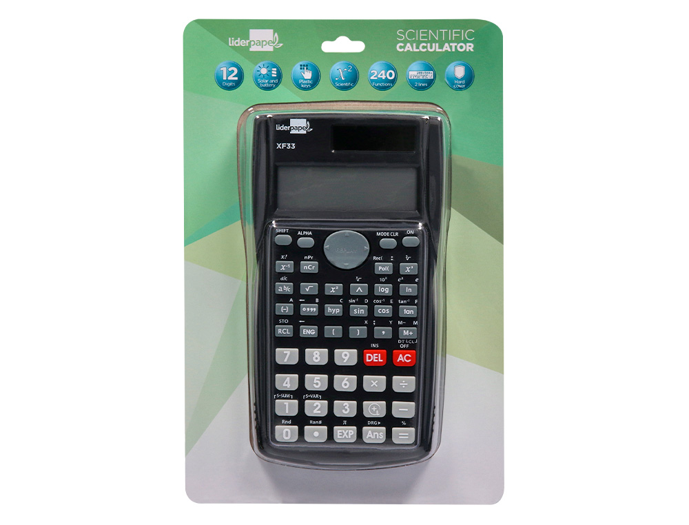 CALCULADORA LIDERPAPEL CIENTIFICA XF33 12 DIGITOS 240 FUNCIONES CON TAPA SOLAR Y PILAS COLOR NEGRO 156X85X20