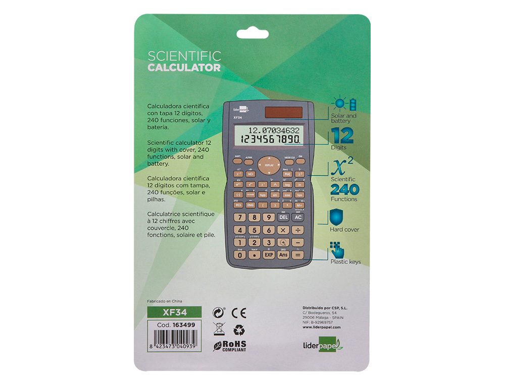 CALCULADORA LIDERPAPEL CIENTIFICA XF34 12 DIGITOS 240 FUNCIONES CON TAPA SOLAR Y PILAS COLOR GRIS 156X85X20