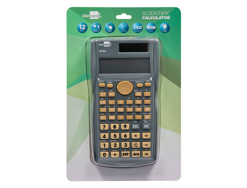 CALCULADORA LIDERPAPEL CIENTIFICA XF34 12 DIGITOS 240 FUNCIONES CON TAPA SOLAR Y PILAS COLOR GRIS 156X85X20
