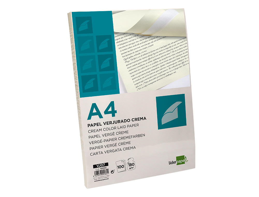 PAPEL VERJURADO LIDERPAPEL A4 180G/M2 CREMA PAQUETE DE 100 HOJAS