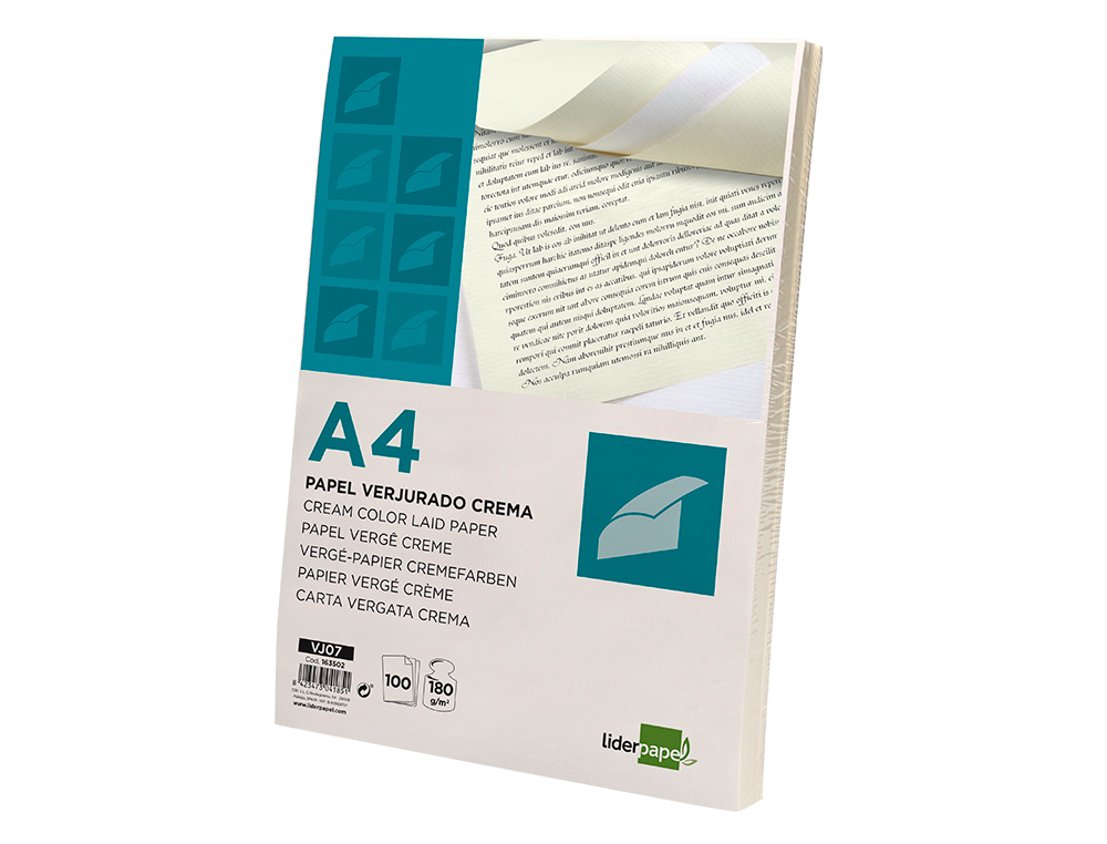 PAPEL VERJURADO LIDERPAPEL A4 180G/M2 CREMA PAQUETE DE 100 HOJAS
