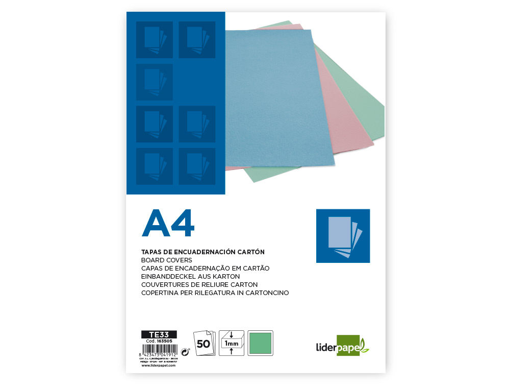TAPA ENCUADERNACION LIDERPAPEL CARTON A4 1 MM VERDE MENTA PAQUETE DE 50 UNIDADES