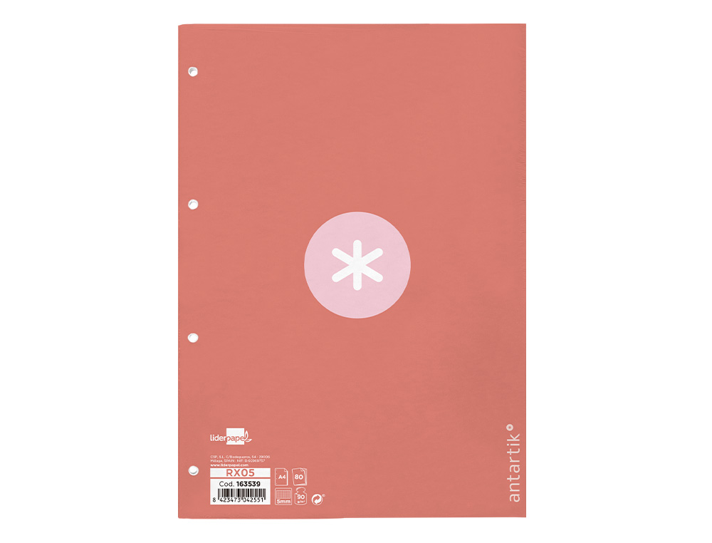 RECAMBIO ANTARTIK A4 80 HOJAS 90G/M2 CUADRO 5 MM 4 TALADROS 1 BANDA MARCO COLOR ROSA