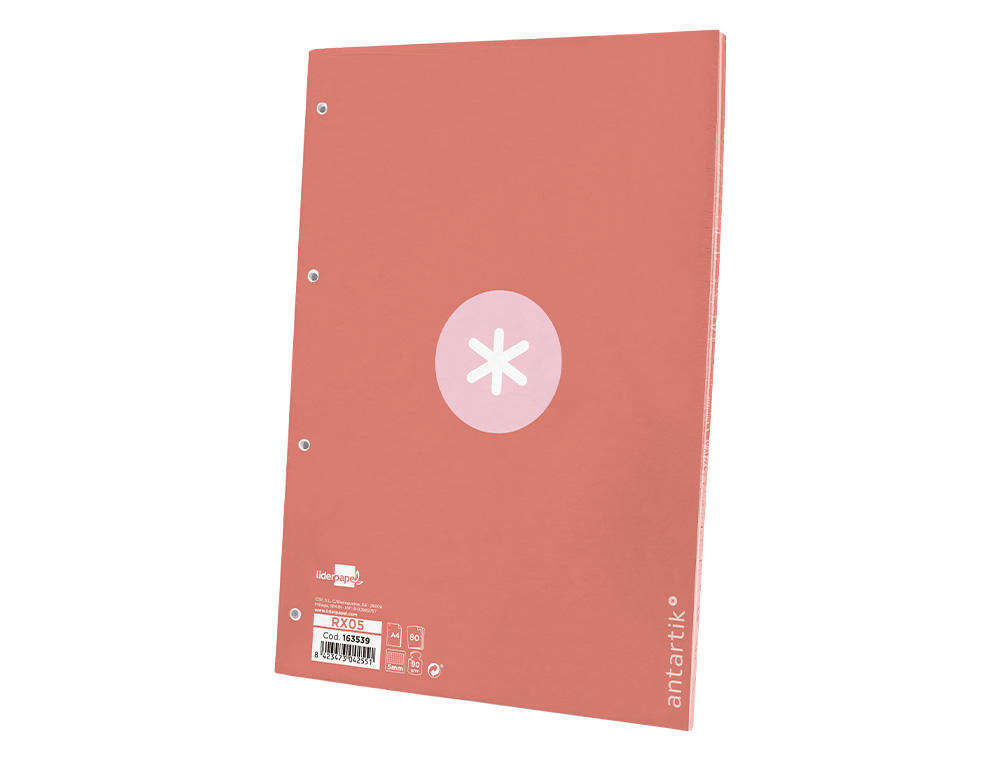 RECAMBIO ANTARTIK A4 80 HOJAS 90G/M2 CUADRO 5 MM 4 TALADROS 1 BANDA MARCO COLOR ROSA