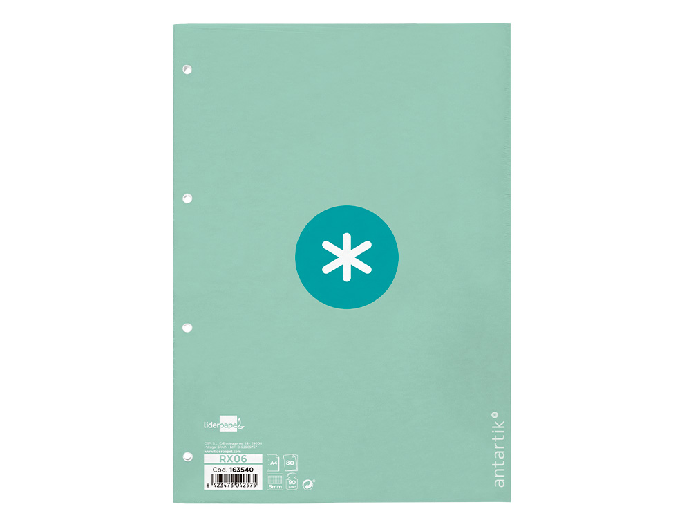 RECAMBIO A4 ANTARTIK 80 HOJAS 90G/M2 CUADRO 5 MM 4 TALADROS 1 BANDA MARCO COLOR MENTA