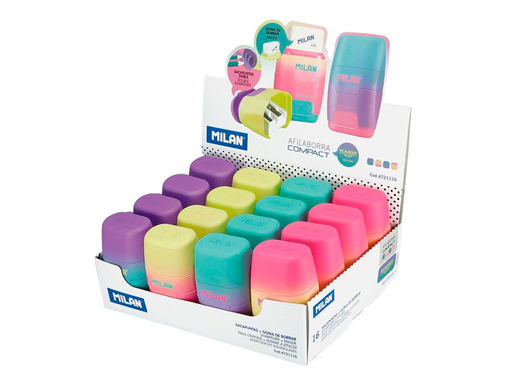 SACAPUNTAS MILAN COMPACT SUNSET PLASTICO 2 USOS CON GOMA DE BORRAR COLORES SURTIDOS