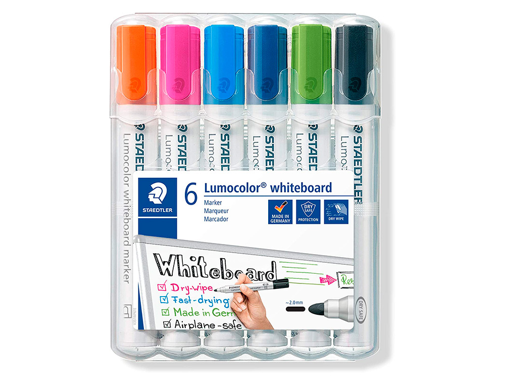 ROTULADOR STAEDTLER LUMOCOLOR 351 PARA PIZARRA BLANCA PUNTA REDONDA 2 MM RECARGABLE ESTUCHE 6 UNIDADES COLORES