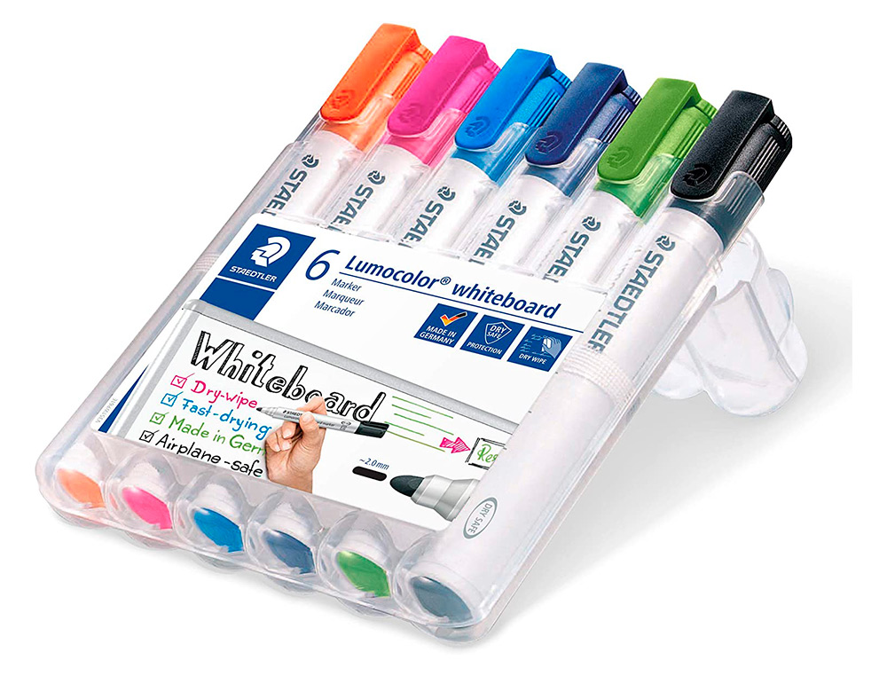 ROTULADOR STAEDTLER LUMOCOLOR 351 PARA PIZARRA BLANCA PUNTA REDONDA 2 MM RECARGABLE ESTUCHE 6 UNIDADES COLORES