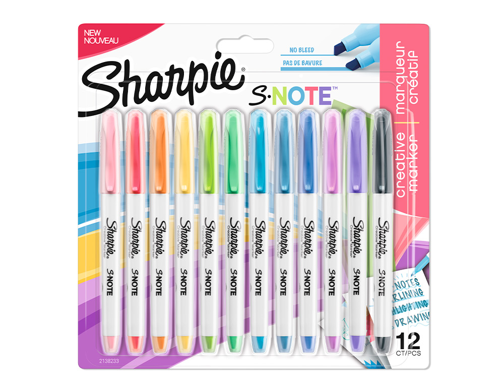 ROTULADOR SHARPIE PERMANENTE S-NOTE PUNTA BISELADA TRAZO 1,2 /3,87 MM BLISTER 12 UNIDADES COLORES SURTIDOS