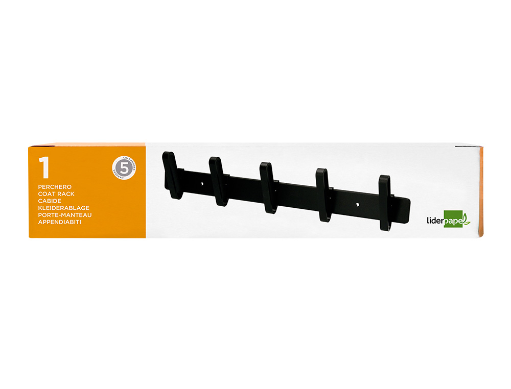 PERCHERO LIDERPAPEL PARED METALICO 5 COLGADORES COLOR NEGRO 430X88X55 MM
