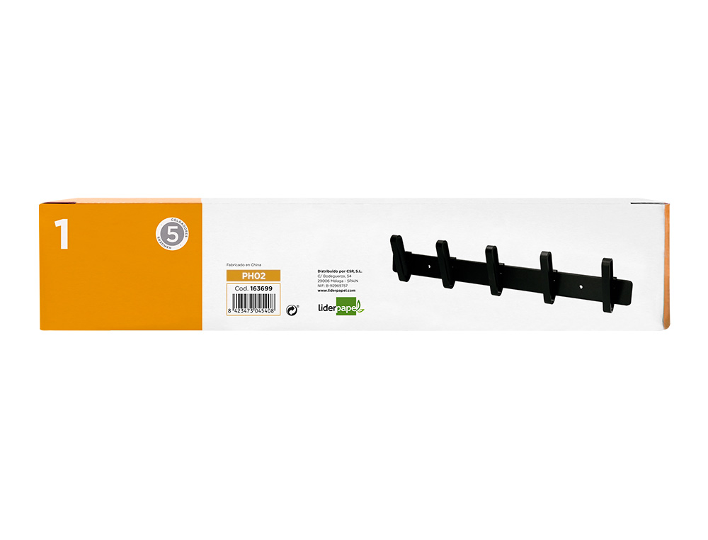 PERCHERO LIDERPAPEL PARED METALICO 5 COLGADORES COLOR NEGRO 430X88X55 MM
