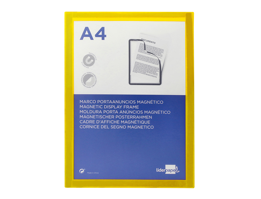 MARCO PORTA ANUNCIOS LIDERPAPEL MAGNETICO DIN A4 DORSO ADHESIVO REMOVIBLE COLOR AMARILLO