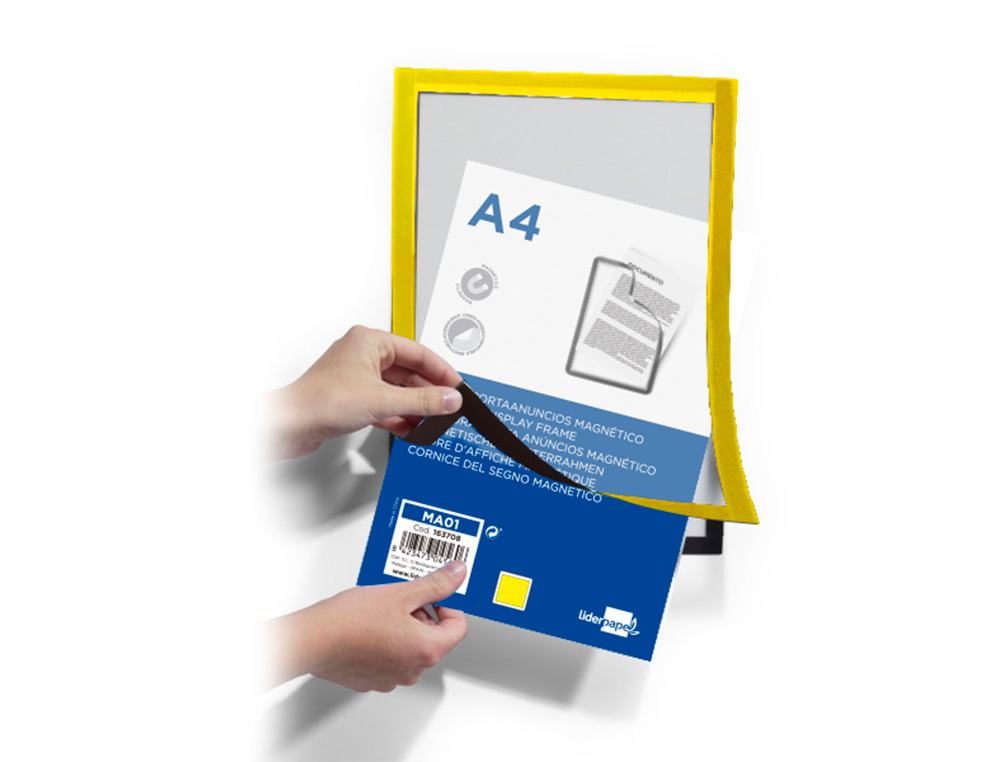 MARCO PORTA ANUNCIOS LIDERPAPEL MAGNETICO DIN A4 DORSO ADHESIVO REMOVIBLE COLOR AMARILLO