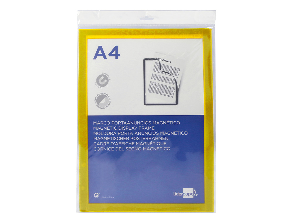 MARCO PORTA ANUNCIOS LIDERPAPEL MAGNETICO DIN A4 DORSO ADHESIVO REMOVIBLE COLOR AMARILLO