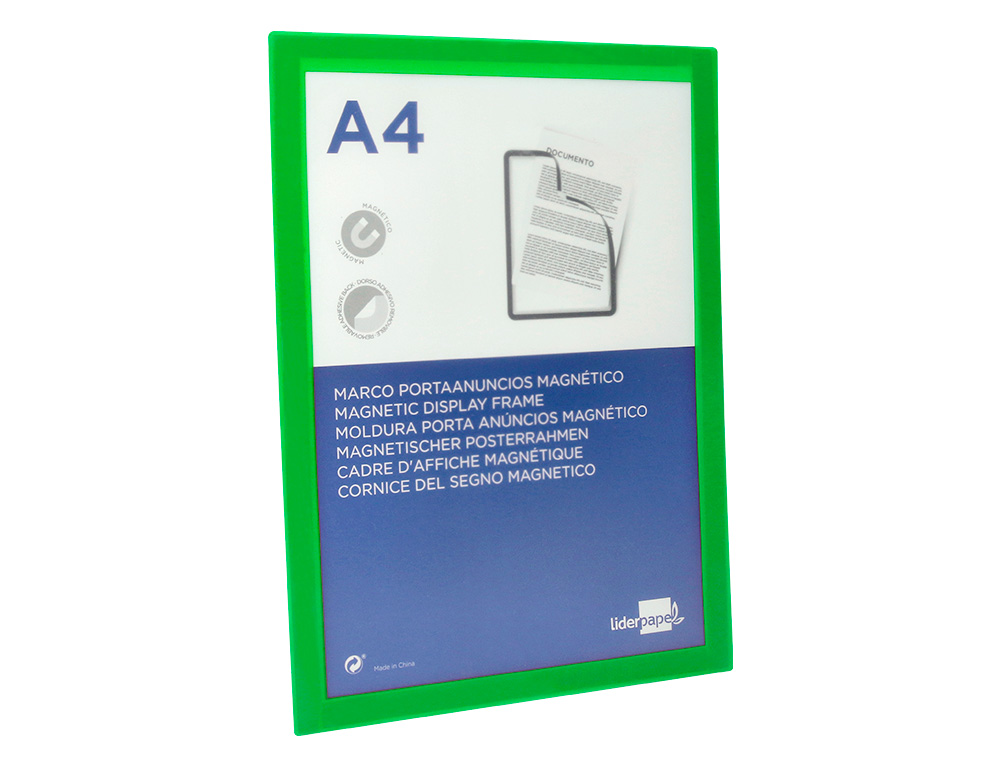 MARCO PORTA ANUNCIOS LIDERPAPEL MAGNETICO DIN A4 DORSO ADHESIVO REMOVIBLE COLOR VERDE