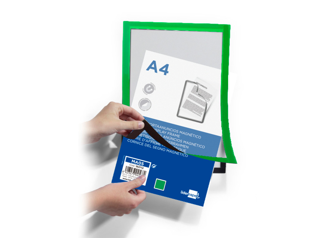 MARCO PORTA ANUNCIOS LIDERPAPEL MAGNETICO DIN A4 DORSO ADHESIVO REMOVIBLE COLOR VERDE