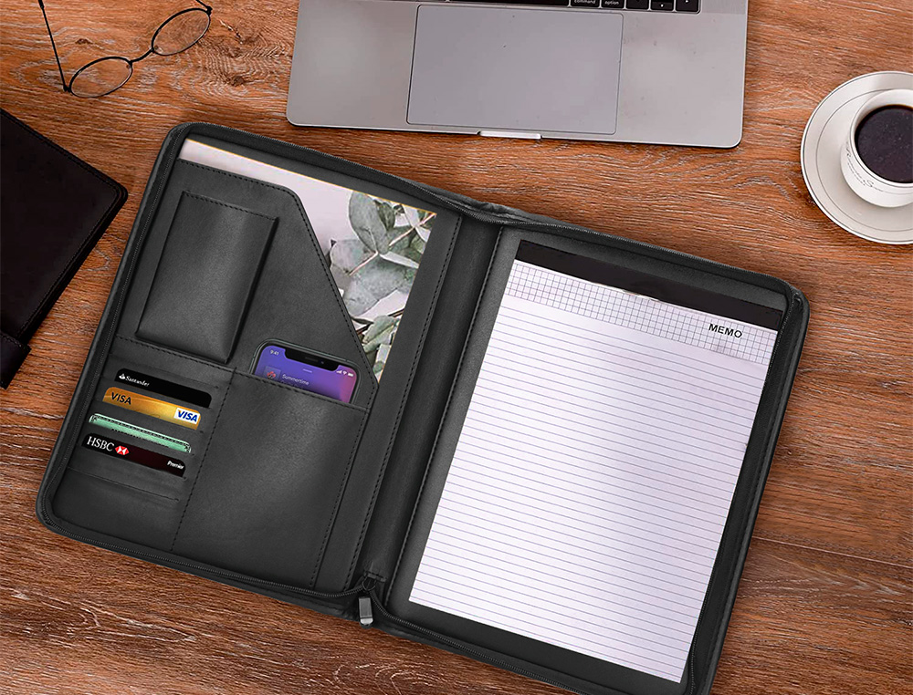 CARPETA PORTAFOLIOS CREMALLERA CON BOLSA PARA MOVIL Y TARJETERO COLOR NEGRO 260X355 MM
