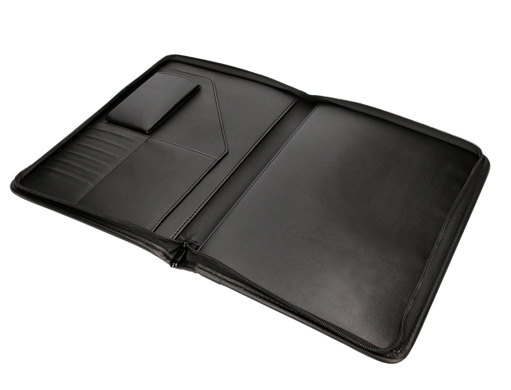 CARPETA PORTAFOLIOS CREMALLERA CON BOLSA PARA MOVIL Y TARJETERO COLOR NEGRO 260X355 MM