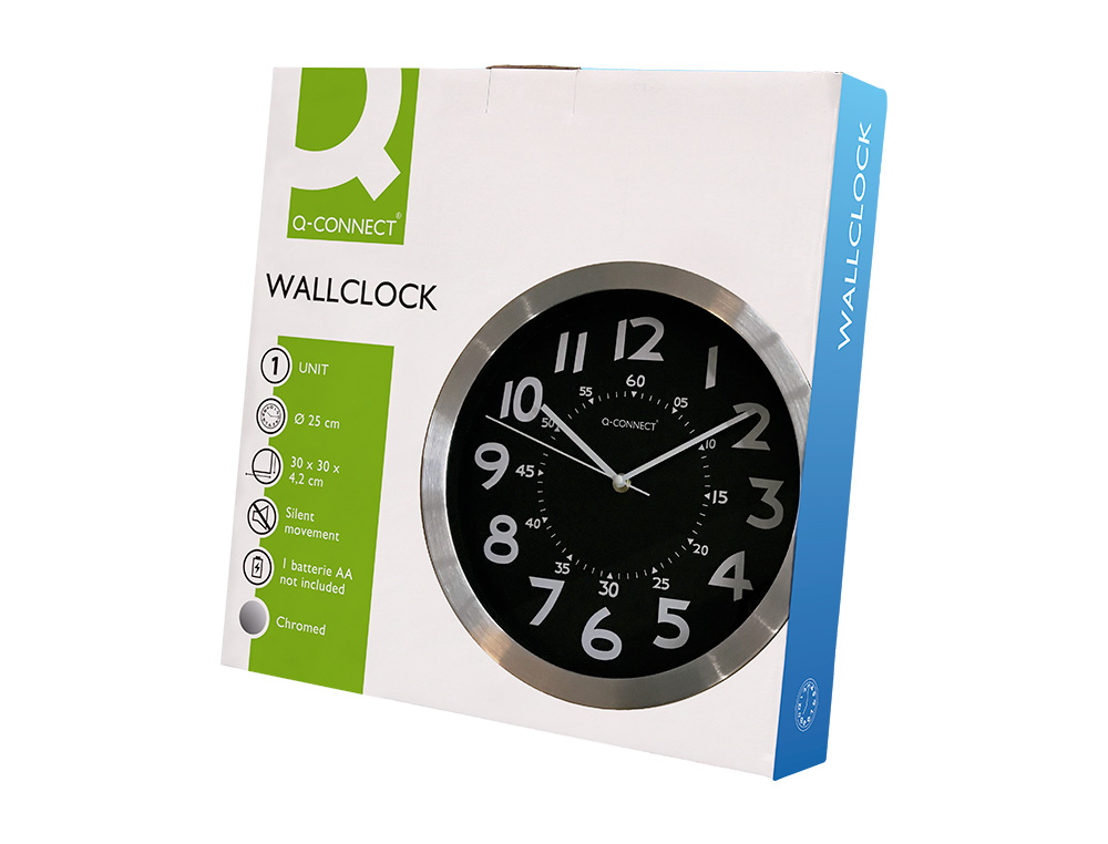 RELOJ Q-CONNECT DE PARED METALICO REDONDO 25 CM MOVIMIENTO SILENCIOSO COLOR NEGRO CON ESFERA CROMADO