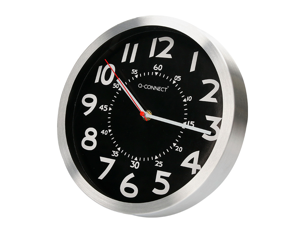 RELOJ Q-CONNECT DE PARED METALICO REDONDO 25 CM MOVIMIENTO SILENCIOSO COLOR NEGRO CON ESFERA CROMADO