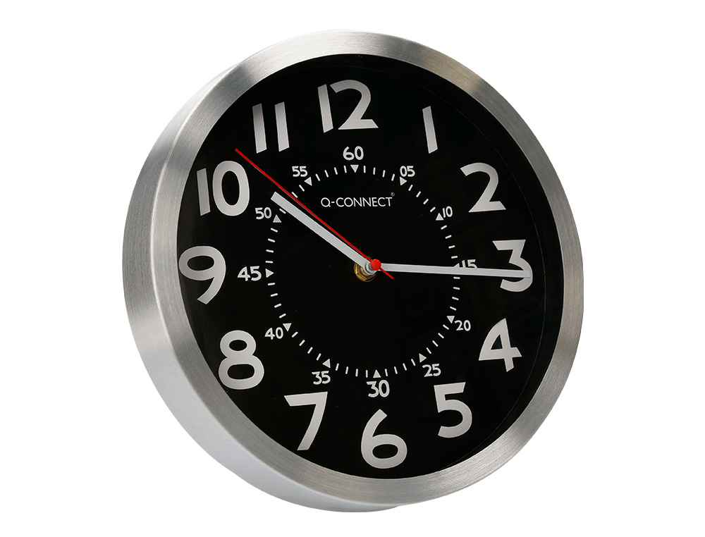 RELOJ Q-CONNECT DE PARED METALICO REDONDO 25 CM MOVIMIENTO SILENCIOSO COLOR NEGRO CON ESFERA CROMADO
