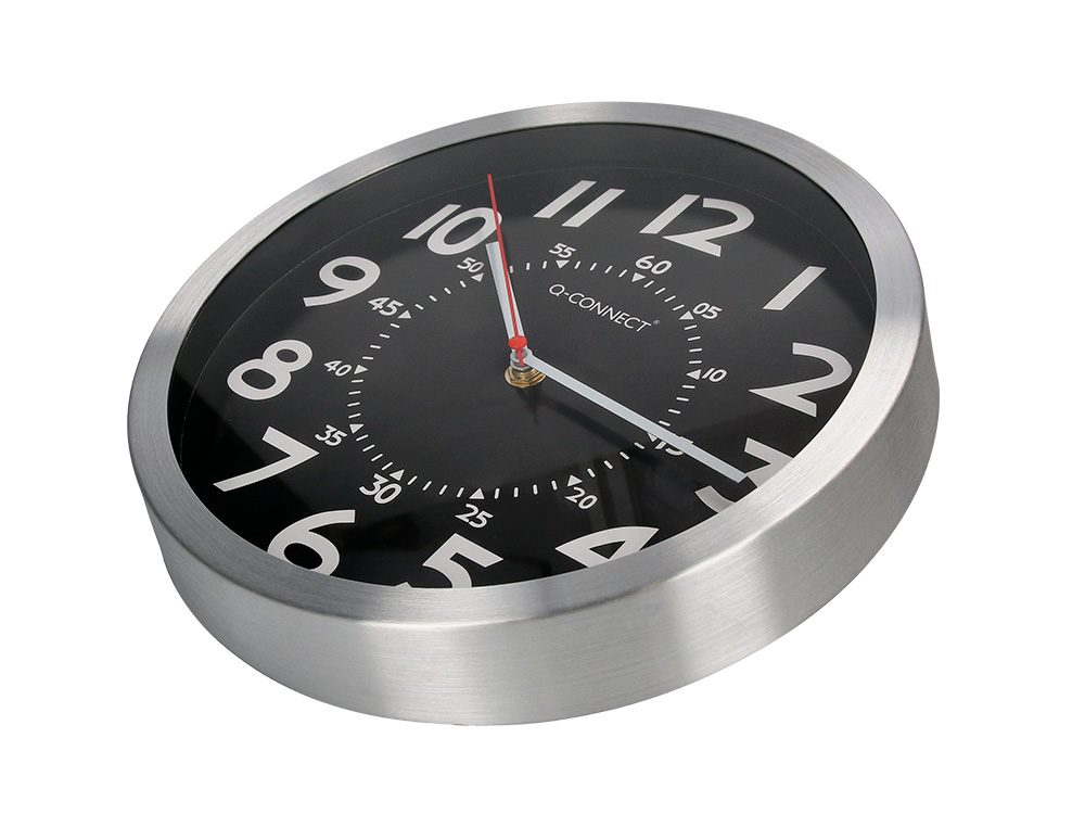 RELOJ Q-CONNECT DE PARED METALICO REDONDO 25 CM MOVIMIENTO SILENCIOSO COLOR NEGRO CON ESFERA CROMADO