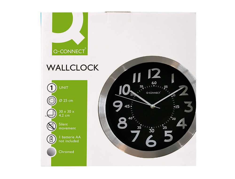 RELOJ Q-CONNECT DE PARED METALICO REDONDO 25 CM MOVIMIENTO SILENCIOSO COLOR NEGRO CON ESFERA CROMADO