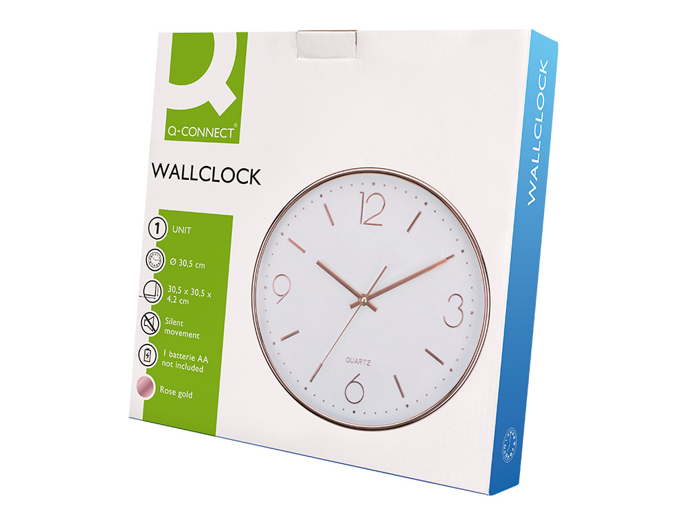 RELOJ Q-CONNECT DE PARED METALICO REDONDO 30,5 CM MOVIMIENTO SILENCIOSO COLOR ROSA DORADO
