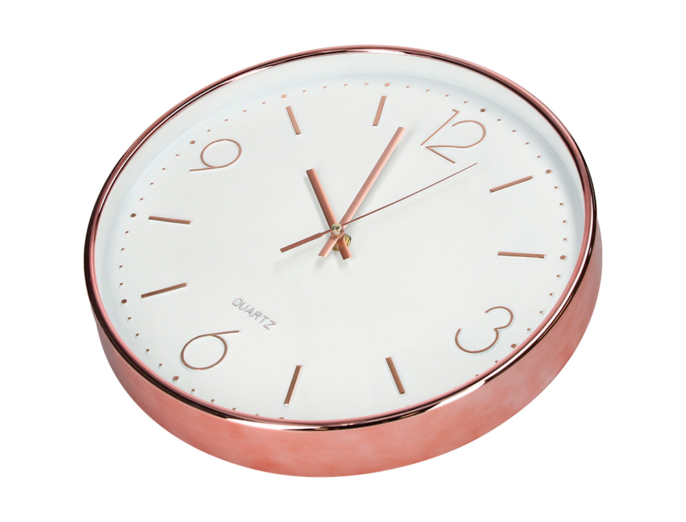RELOJ Q-CONNECT DE PARED METALICO REDONDO 30,5 CM MOVIMIENTO SILENCIOSO COLOR ROSA DORADO