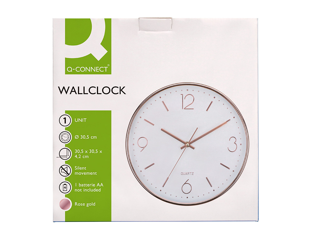 RELOJ Q-CONNECT DE PARED METALICO REDONDO 30,5 CM MOVIMIENTO SILENCIOSO COLOR ROSA DORADO