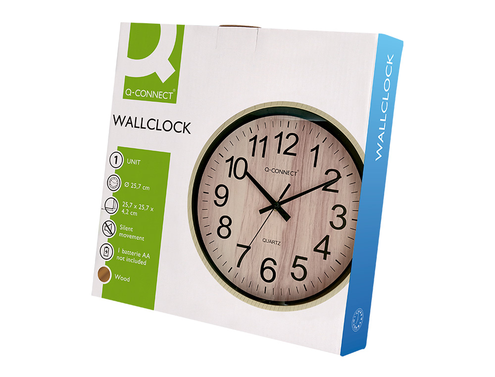 RELOJ Q-CONNECT DE PARED DE PLASTICO REDONDO 25,7 CM MOVIMIENTO SILENCIOSO COLOR MADERA NATURAL