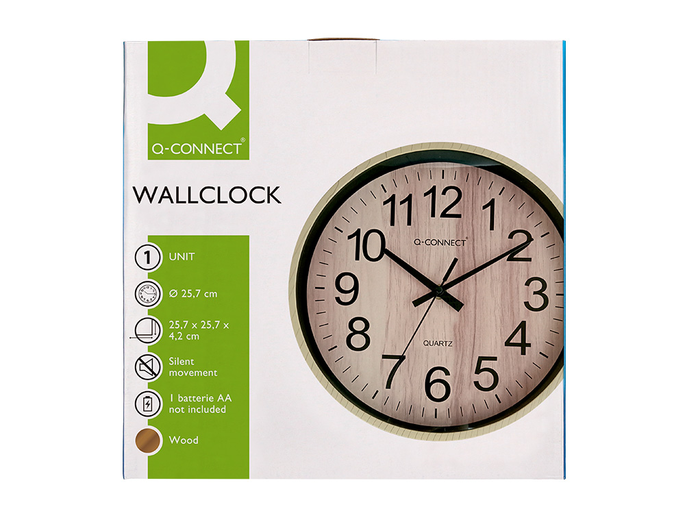 RELOJ Q-CONNECT DE PARED DE PLASTICO REDONDO 25,7 CM MOVIMIENTO SILENCIOSO COLOR MADERA NATURAL