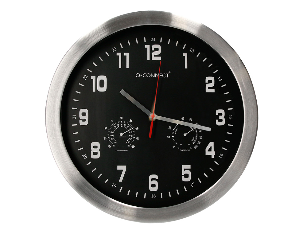 RELOJ Q-CONNECT DE PARED METALICO REDONDO 35,5 CM MOVIMIENTO SILENCIOSO COLOR CROMADO CON ESFERA NEGRA