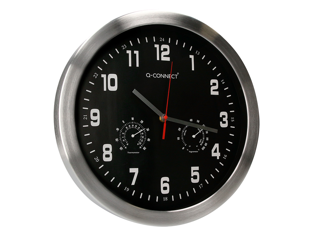 RELOJ Q-CONNECT DE PARED METALICO REDONDO 35,5 CM MOVIMIENTO SILENCIOSO COLOR CROMADO CON ESFERA NEGRA